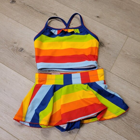Toddler Girl Sz 4T Rainbow Striped 2pc Hanna Andersson Bathing Swim Suit - Picture 1 of 4